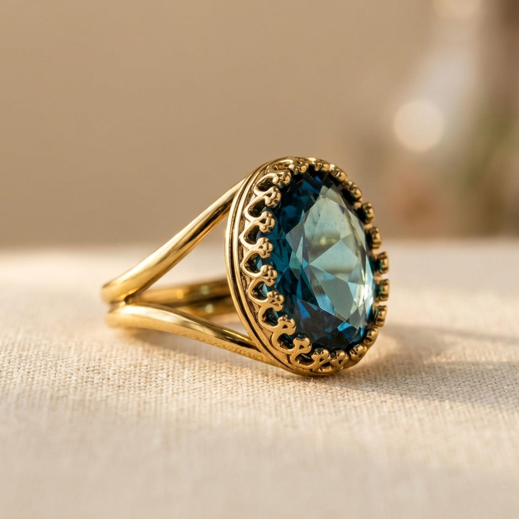 Gouden vintage ring met ovale blauwe edelsteen in kroonzetting