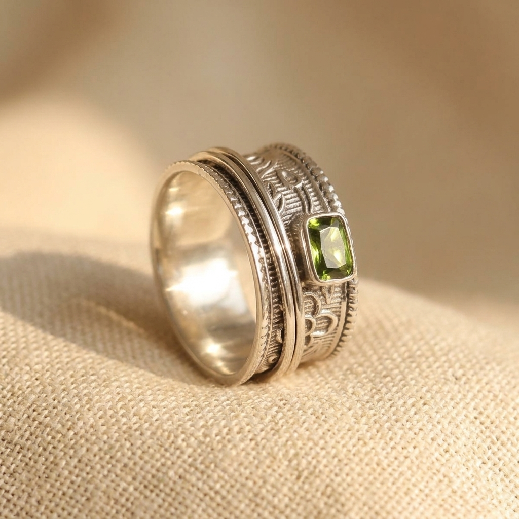 Zilveren gehamerde spinner ring met peridoot