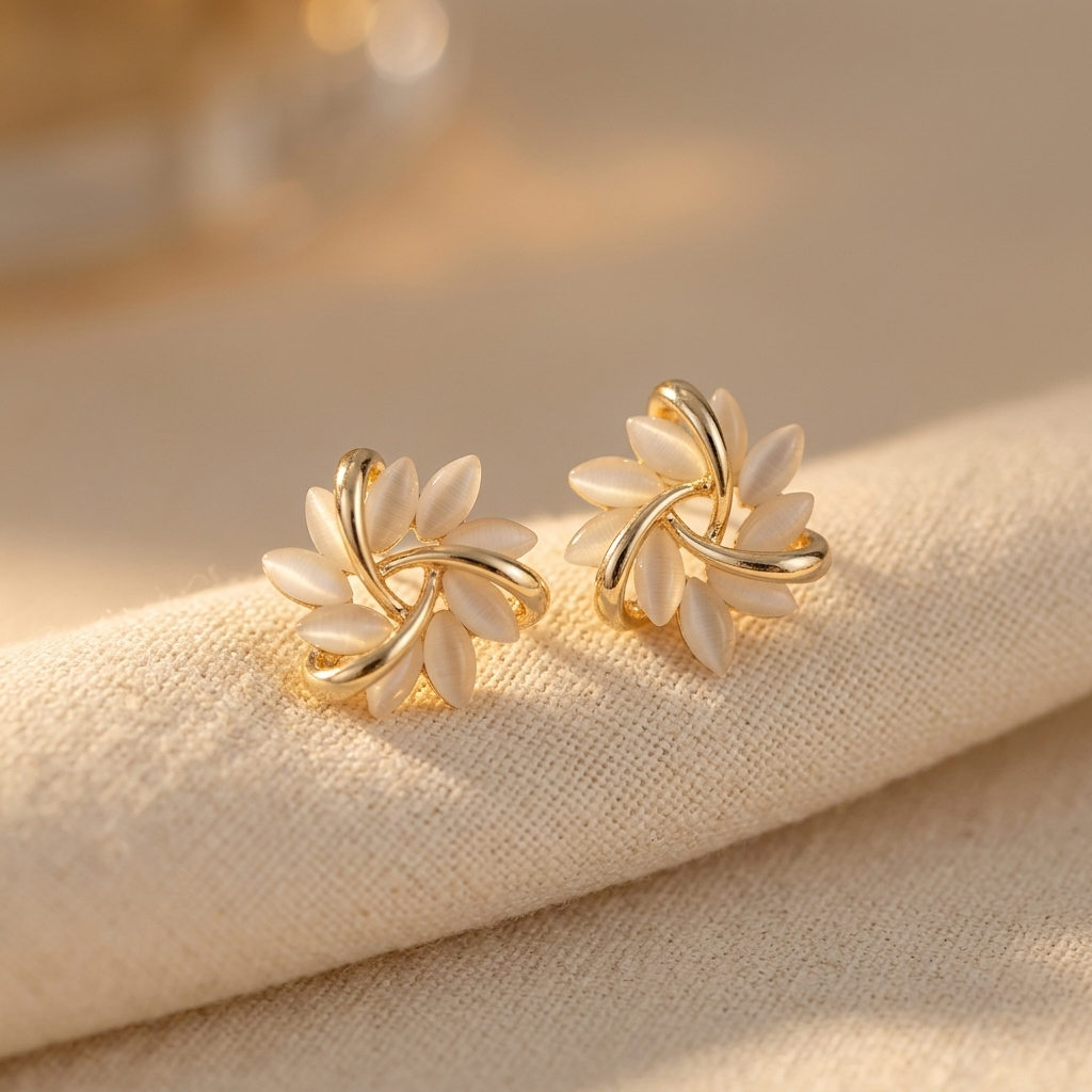 Gouden bloem oorknopjes met wit emaille