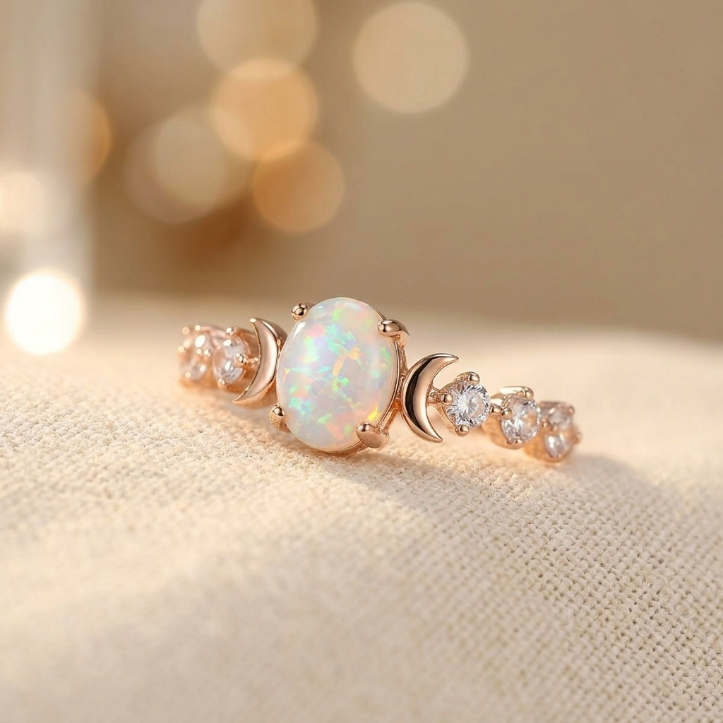 Roségouden ring met ovale witte opaal en maantje