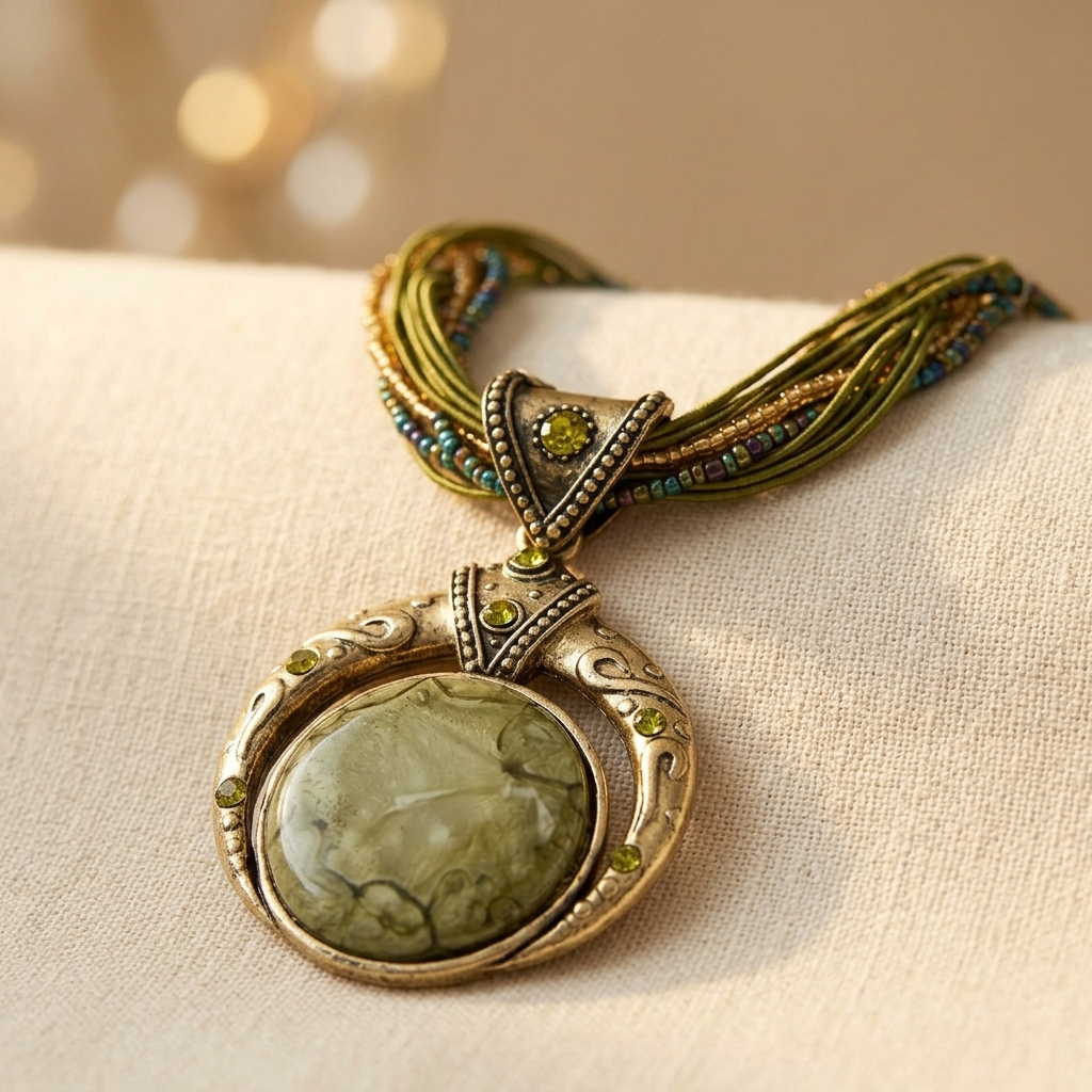Bohemian kralenketting met groene steenhanger