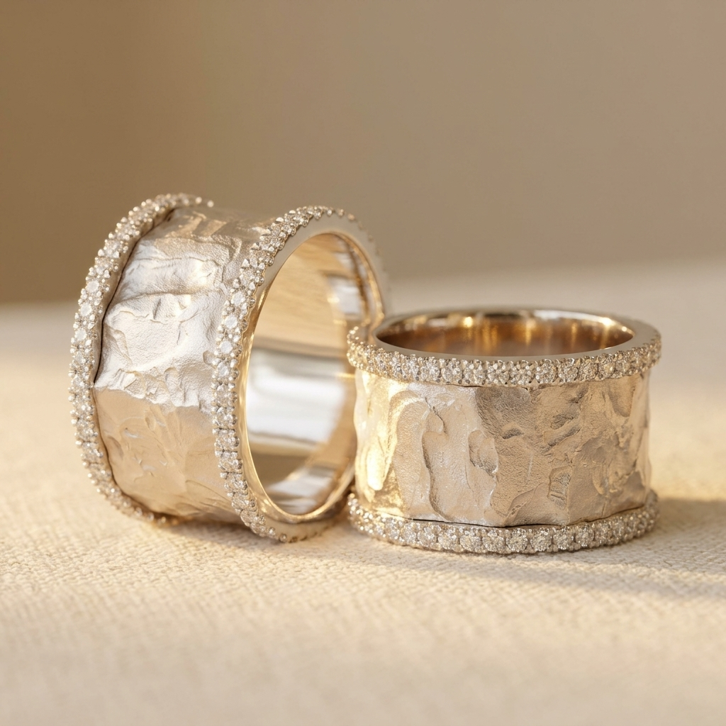 Brede gehamerde ringen in goud en zilver met zirkonia