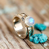 Zilveren ring met maansteen, sterren en maan