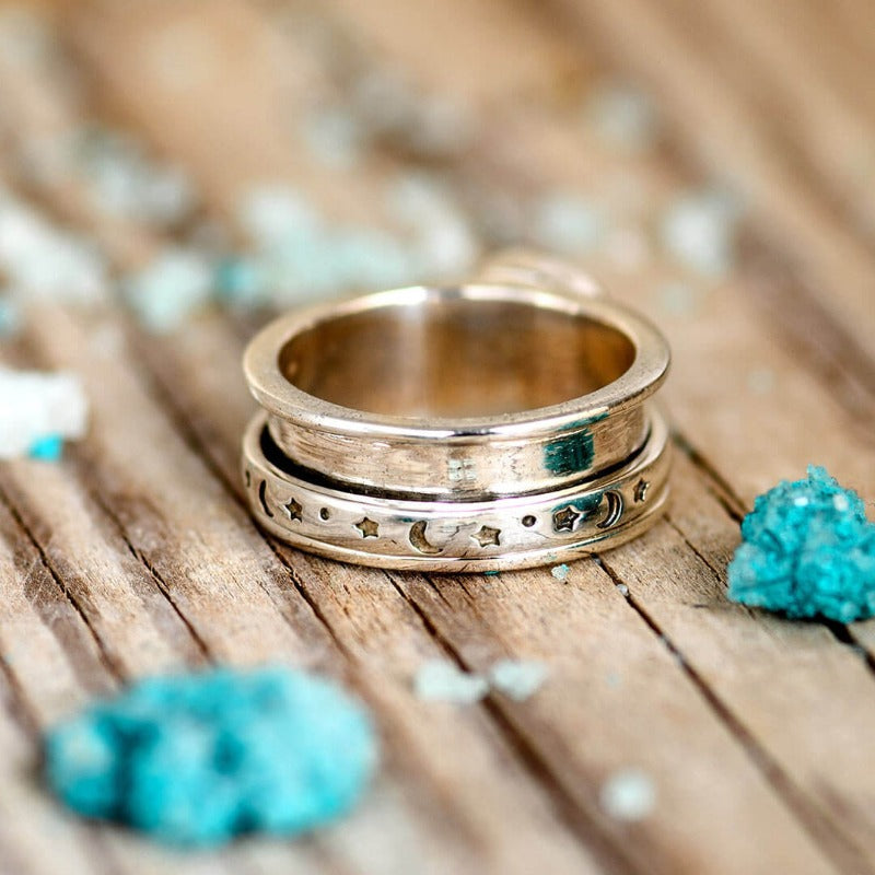 Zilveren ring met maansteen, sterren en maan