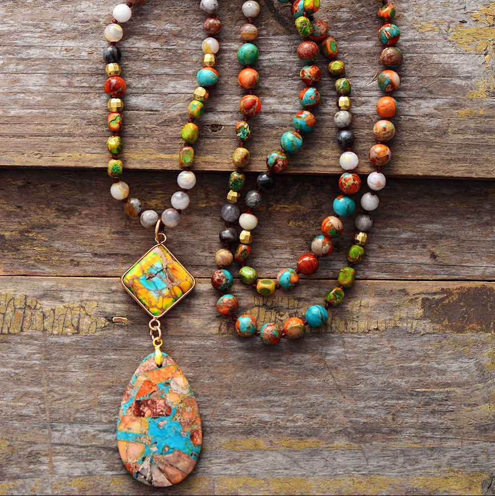 Bohemian kralenketting met meerkleurige jaspis-hanger