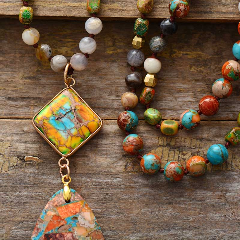 Bohemian kralenketting met meerkleurige jaspis-hanger