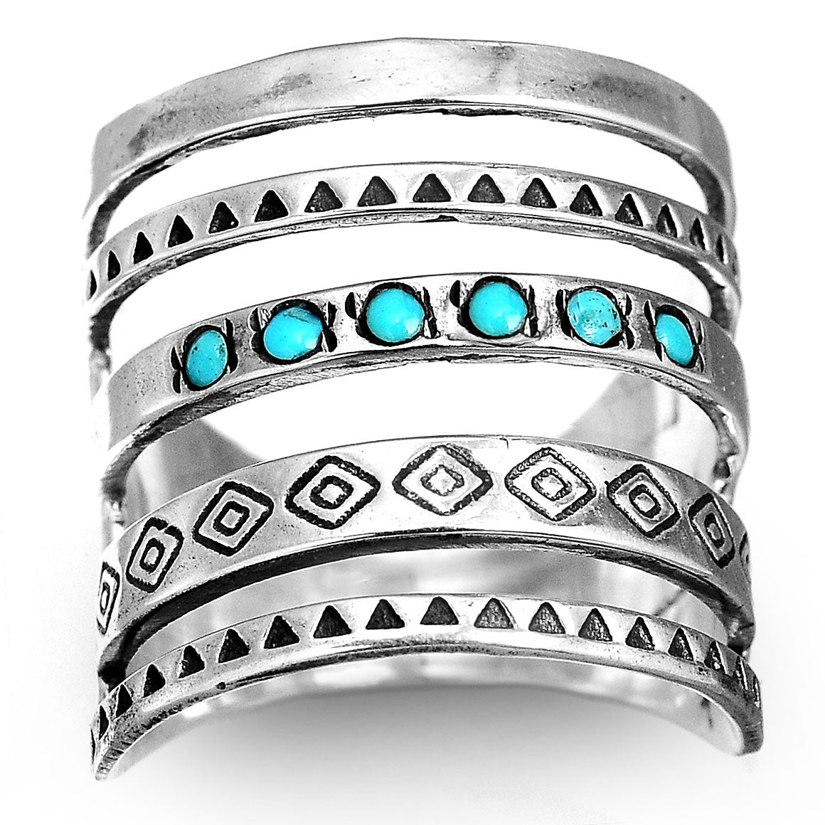 Brede zilveren ring met turquoise in Azteekse stijl
