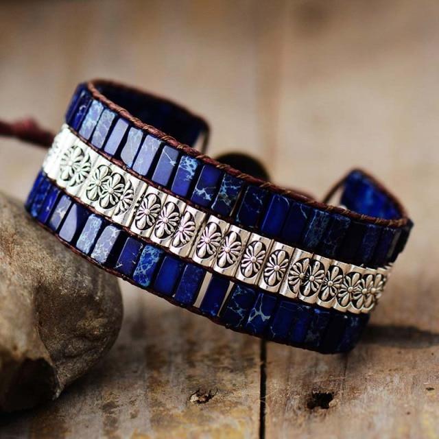 Boho leren armband met turquoise tegels en bloemband