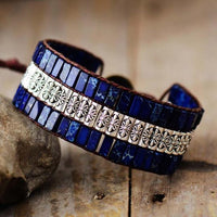 Boho leren armband met turquoise tegels en bloemband
