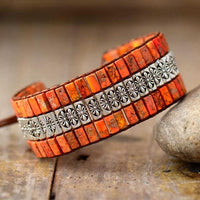 Boho leren armband met turquoise tegels en bloemband