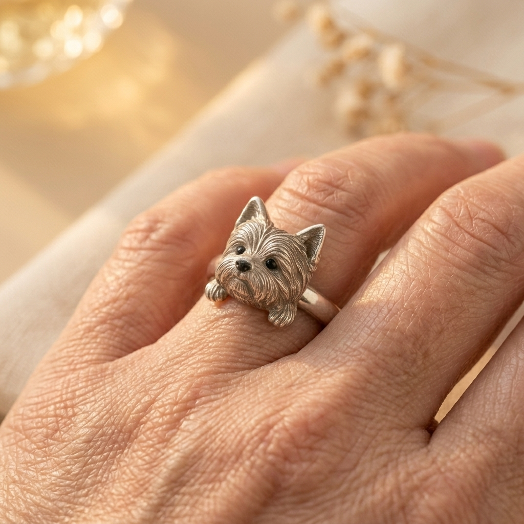 Zilveren verstelbare ring met terrierhondje